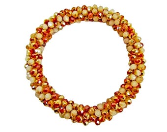 Orange and White Glass Bead Stretch Bracelet, Sparkling Rope Bracelet, Colorful Statement Jewelry, Summer Fashion Bracelet, Gift for Her