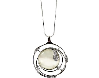White Cat Eye Pendant Necklace, Large Crystal Statement Necklace, Modern Silver Swirl Pendant, Long Fashion Necklace Gift for Women