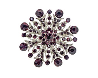 Large sparkling purple crystal flower brooch pin created with all round dark purple color crystals.