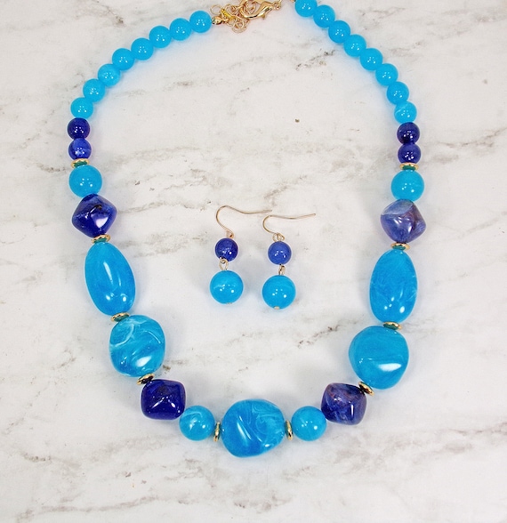 Ensemble Collier & Boucles D'Oreilles Perles Bleues - Neuf Avec Étiquettes - Bijou Fantaisie
