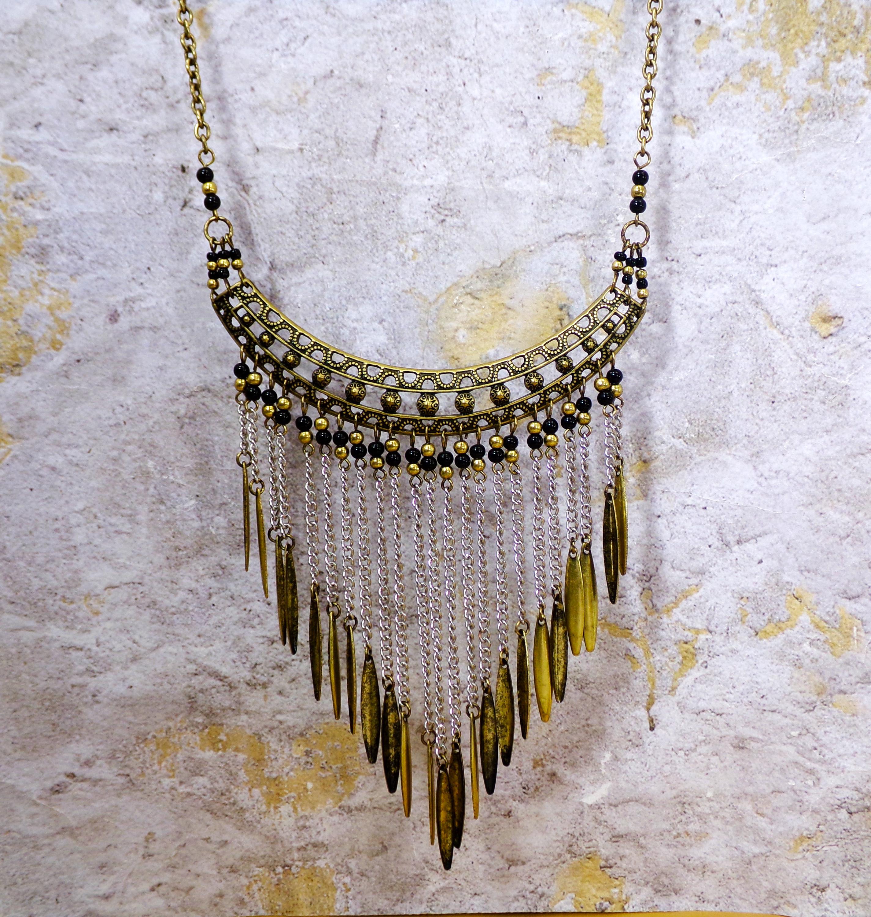 Fringe Necklace Designed With Burnished Gold Metal Dangling Pieces