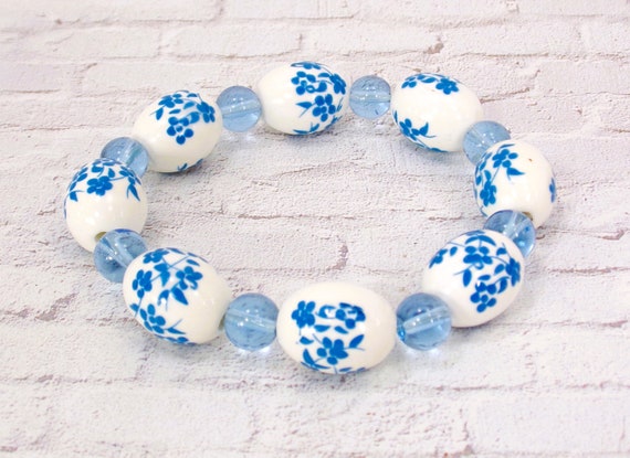 Bracelet De Porcelaine Motifs Bleus - Neuf Sans Emballage - Style Artisanat