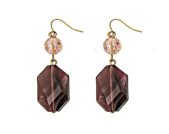 Purple and pink glass bead earrings with octagon shape and round beads.  Multi color fashion earrings.