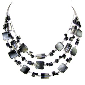 Black & Grey Shell and Glass Layered Necklace, Black and Grey Necklace, Black and Grey Shell Necklace, Black Layered Necklace