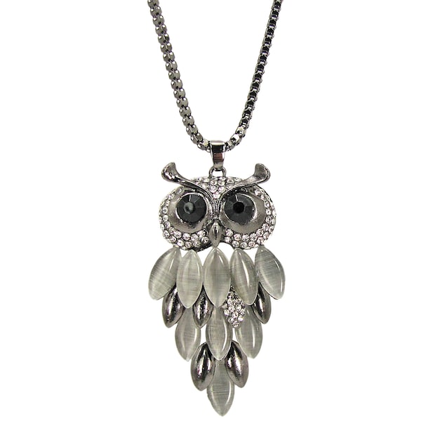 Large gray owl pendant necklace created with gray cat eye stones, clear crystals, and black crystal eyes.