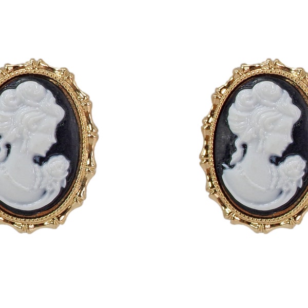 Elegant black and white oval cameo earrings in a gold frame setting  Victorian earrings, romantic earrings, vintage style cameo earrings.