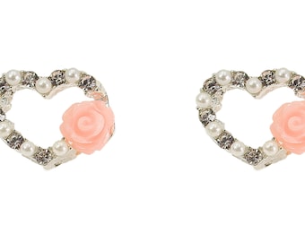 Precious heart earrings designed with crystals, white imitation pearls, and a pink resin rose.  Pearl heart earrings.