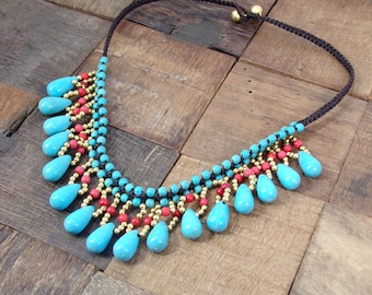 Turquoise Fringe Necklace, Boho Statement Jewelry, Red Agate & Gold Beaded Necklace, Artisan Inspired Jewelry, Southwestern Gift