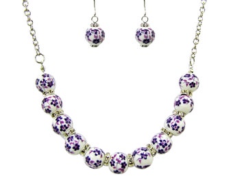 Purple Flower Genuine Porcelain Beaded Necklace and Earrings Set with crystals, Purple flower necklace and earrings beaded set.