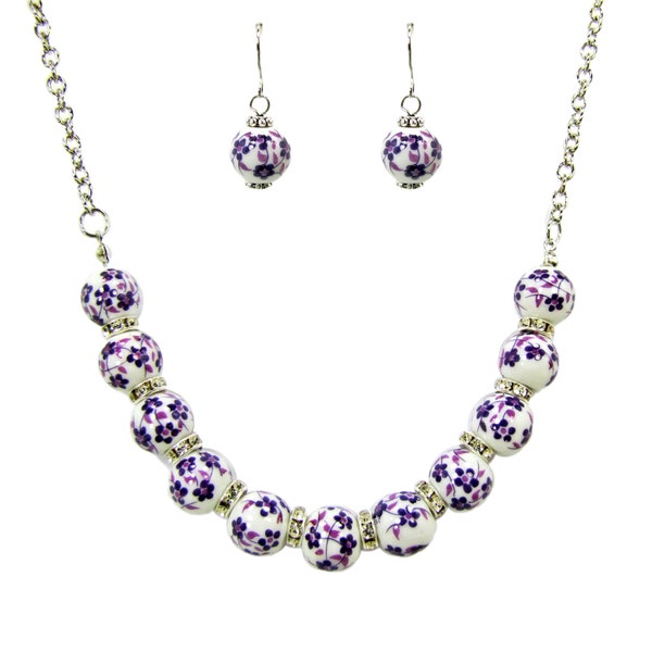 Purple Flower Genuine Porcelain Beaded Necklace and Earrings Set with crystals, Purple flower necklace and earrings beaded set.