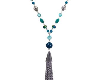 Turquoise Tassel Necklace, Long Boho Chic Statement Necklace, Blue Green Beaded Necklace, Boutique Tassel Jewelry