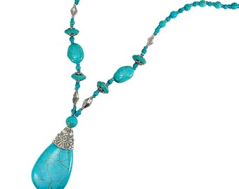 Turquoise Stone Necklace, Large Teardrop Pendant, Bohemian Statement Jewelry, Antique Silver Scrollwork, Artisan Gemstone Necklace