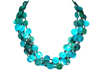 Teal Blue Shell Statement Necklace, Multi Strand Boho Chic Necklace, Lightweight Summer Jewelry, Coastal Beach Necklace