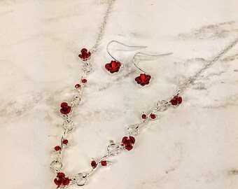 Rosemarie & Jubalee Red Rose And Crystal Jewelry Set - 3D Metal Enamel Necklace & Lever Back Earrings, 16-19 Inch Adjustable