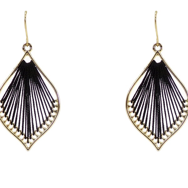 Black teardrop shape fashion earrings with black fabric thread center and in a gold finish. Large pear shape black earrings.