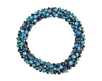 Turquoise and Blue Glass Bead Stretch Bracelet, Bright Sparkling Rope Design, Faceted Crystal Bracelet, Stackable Jewelry, Gift for Her