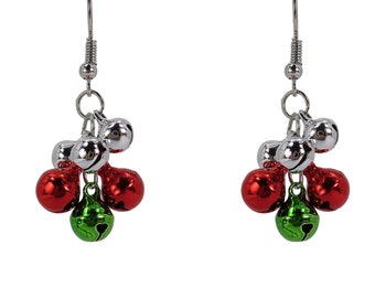 Cute jingle bells holiday Christmas earrings created with red, green, and silver bells in colorful enamel colors.