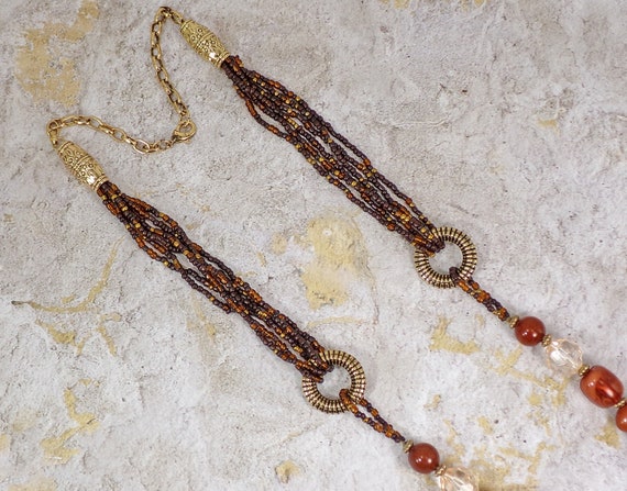 Collana Lunga Express Tribale Con Perline Oro, Marrone E Grigio, V201