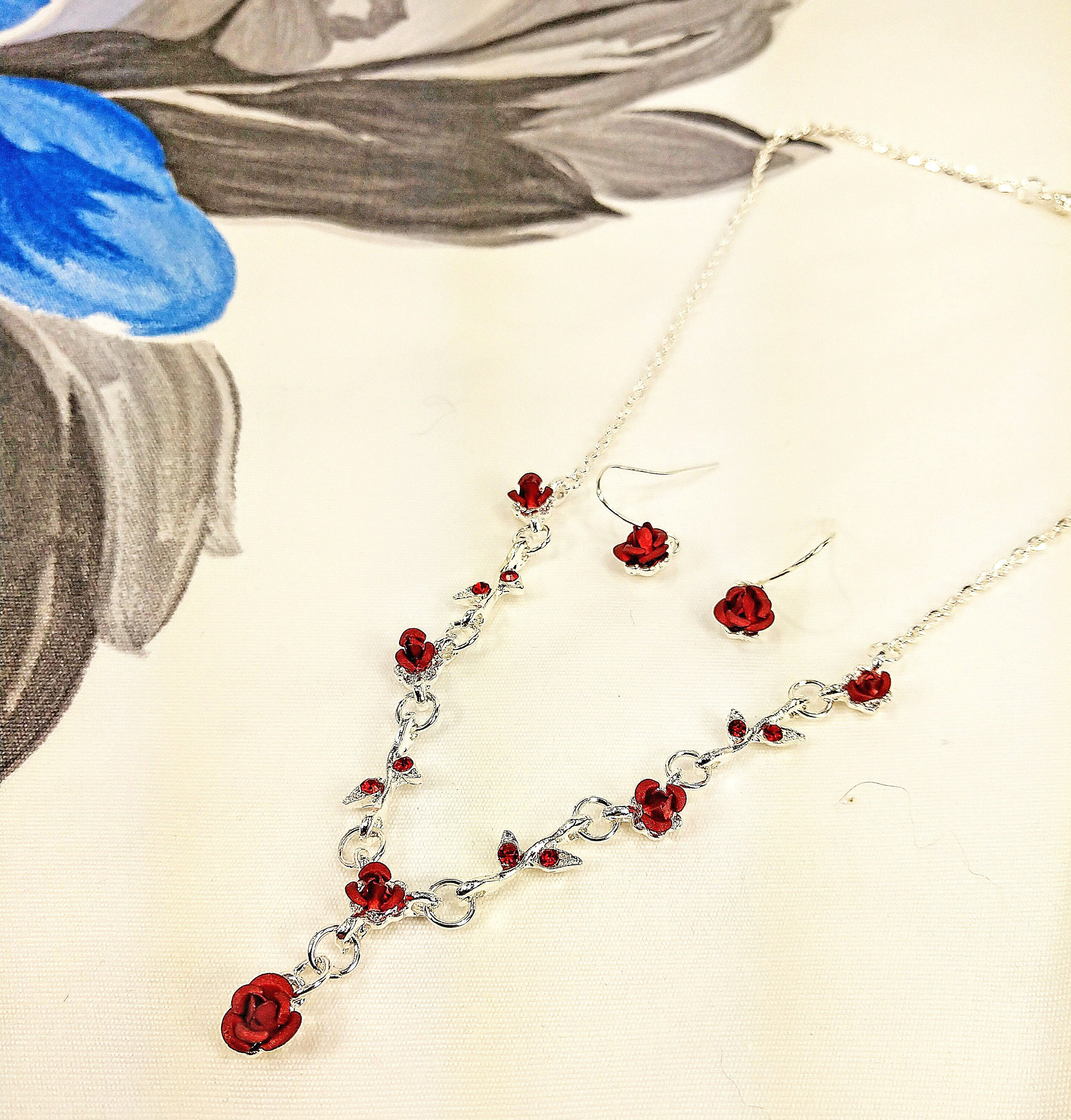 Collier En Argent Sterling 18" Avec Pierre Rouge + Boucles D’oreilles Assorties - Occasion