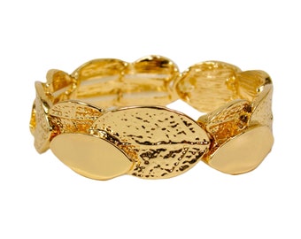 Gold leaves metal stretch bracelet designed with textured leaves all around it.