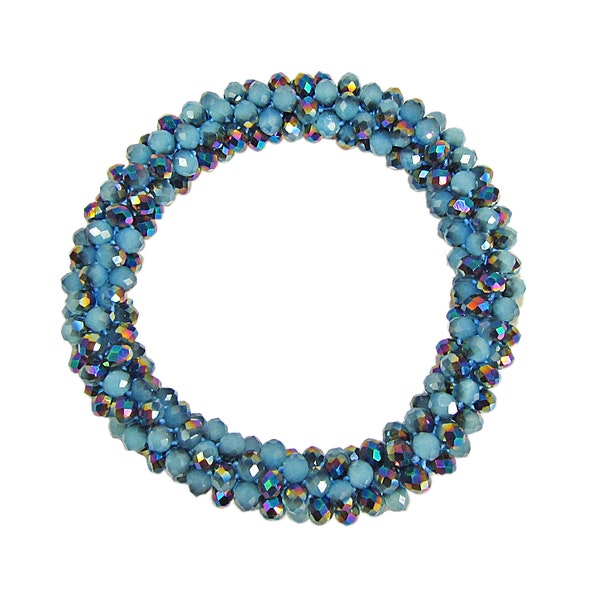 Turquoise and Blue all glass beaded cluster stretch bracelet with all facet cut glass beads. Multi color beaded bracelet.