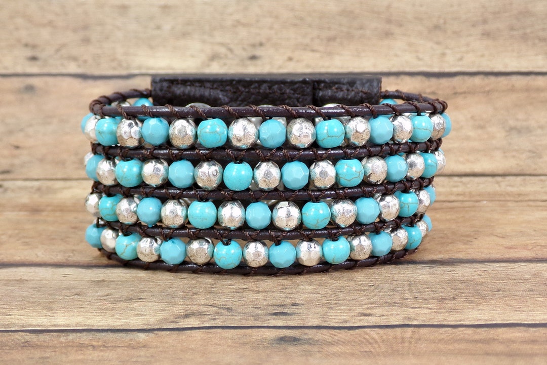 Wide Brown Leather Bracelet Designed With Turquoise Acrylic Beads