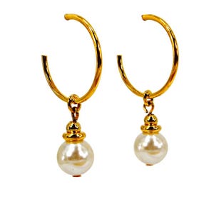 Pearl hoop earrings created with a .90&quot; diameter round gold plated hoop earring and a white glass pearl bead attached to it.