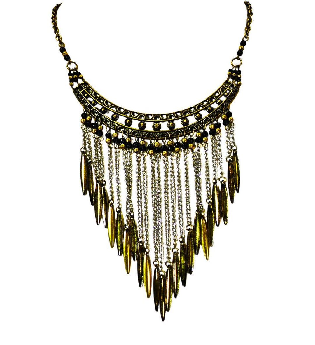 Fringe Necklace Designed With Burnished Gold Metal Dangling Pieces