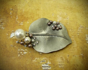 Silver Leaf Brooch with White & Grey Pearls and Crystals,  Timeless large silver leaf brooch pin,