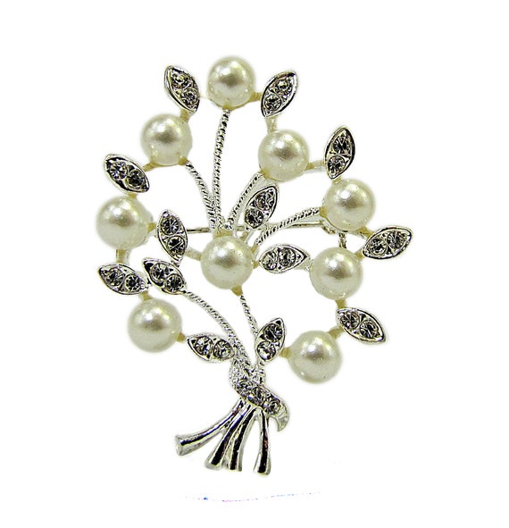 Flower Branch Fashion Pin with Crystals and Simulated Pearls Flower Branch Fashion Pin with Crystals and Simulated Pearls