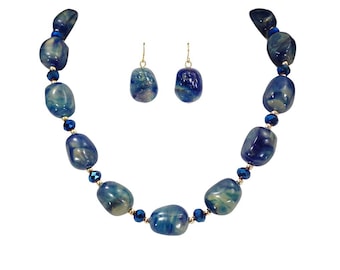 Blue Bead Necklace and Earrings Set, Gold Accent Jewelry, Lightweight Statement Set, Casual to Dressy