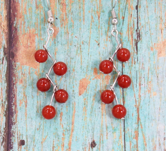 Boucles D'oreilles Pendantes Perles Cornaline Rouge Et Perles Tibétaines Dorées