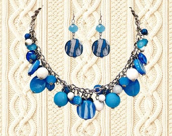 Turquoise Blue Color Necklace Set, Cluster Beaded Statement Jewelry, Aqua Blue Necklace and Earrings, Colorful Fashion