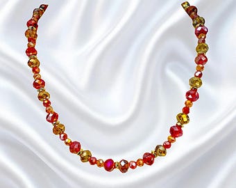 Collana di perline di vetro colorate rosse, arancioni e gialle, collana di cristalli Aurora Boreale, elegante gioiello luminoso color oro