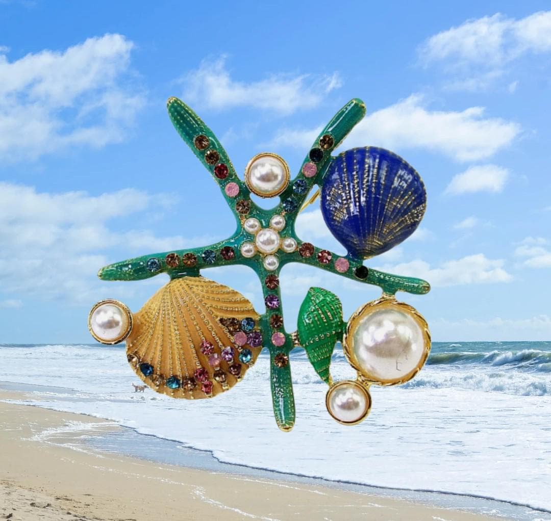Broche étoile De Mer Et Coquillage En Alliage Bleu - Bijou Fantaisie Tendance Pour Vêtements, 5.5x5.5cm