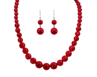 Red pearl bead necklace and earring set with all round beads, elegant and timeless fashion statement.