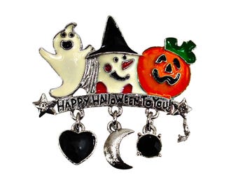 Halloween charm brooch pin jewelry with ghost, scare crow. pumpkin. Dangling heart, moon, crystal charms on a silver safety pin