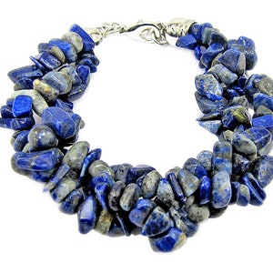 Blue Lapis stone bracelet in a multi strand genuine stone design.  Blue lapis stone chip twisted beaded bracelet.