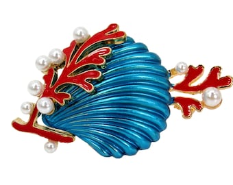 Colorful sea shell pin brooch made with blue and red enamel colors and white pearls. Fashion ocean theme pin.