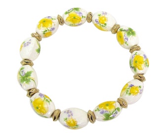 Yellow Flower Stretch Bracelet with Porcelain Beads and Gold Plated Beads, Yellow Flower Stretch Bracelet