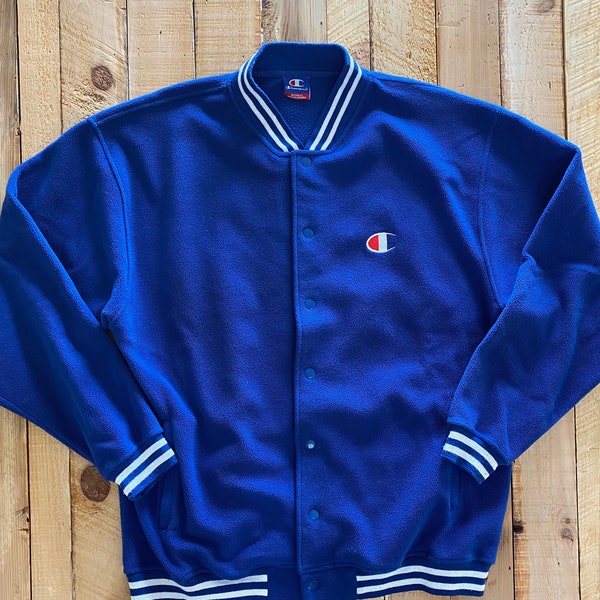Vintage Champion Fleece Jacket, 90s Champion Fleece, 90s Champion Jacket, Vintage Button Up Jacket, Warm Up, Track Jacket, Royal Blue