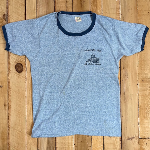 Vintage Washington D.C. Ringer T-Shirt, Screen Stars, Single Stitch T-Shirt, Heather Blue, Washington D.C, Vintage Souvenir T-Shirt, Vote, L