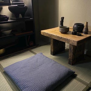 Custom zabuton floor pillows for sitting, dining or meditation.  Buckwheat hull filling, heavy cotton twill and shibori covers