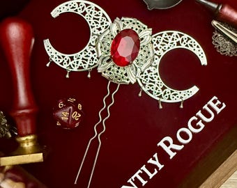 Ruby With Silver Crescent Moons Hair Pin
