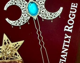 Aquamarine With Silver Crescent Moons Hair Pin