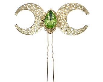 Peridot Green With Gold Crescent Moons Hair Pin