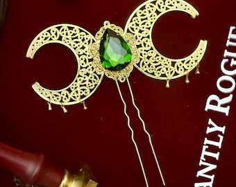 Emerald Green With Gold Crescent Moons Hair Pin
