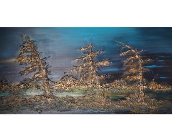 Subarctic night, superb colors, black, green, blue, golden nature, the best gift for any anniversary, friends, relatives, 3D, mixed media