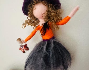 Handmade Felted Halloween Witch on Broomstick: Waldorf Inspired