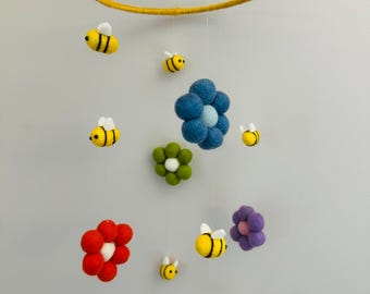 Buzzing Bees and flowers- felt needled baby mobile- crib mobile